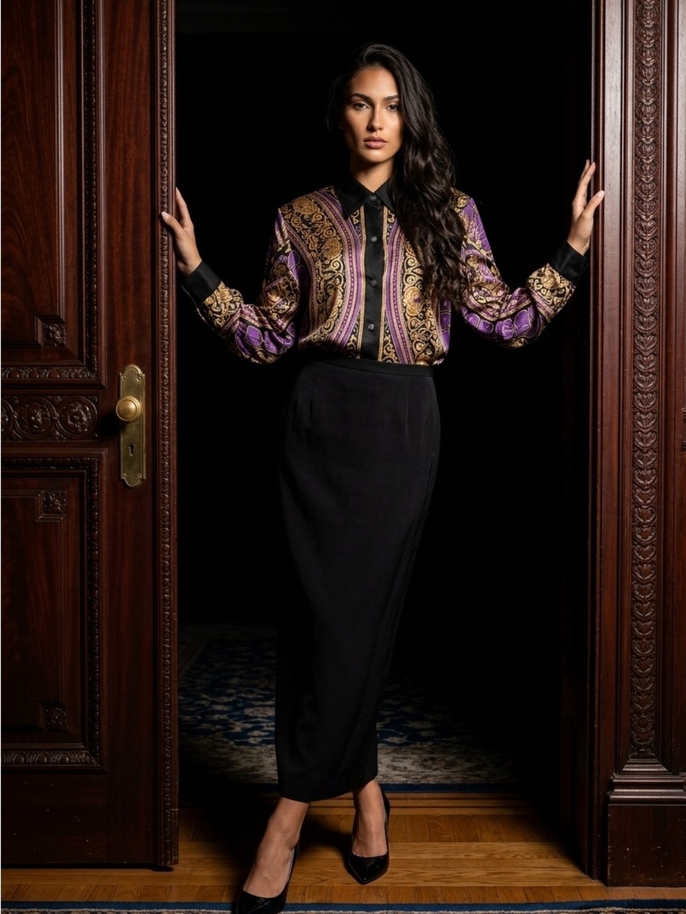 Liz Claiborne Black Maxi Skirt with Ornate Purple & Gold Blouse